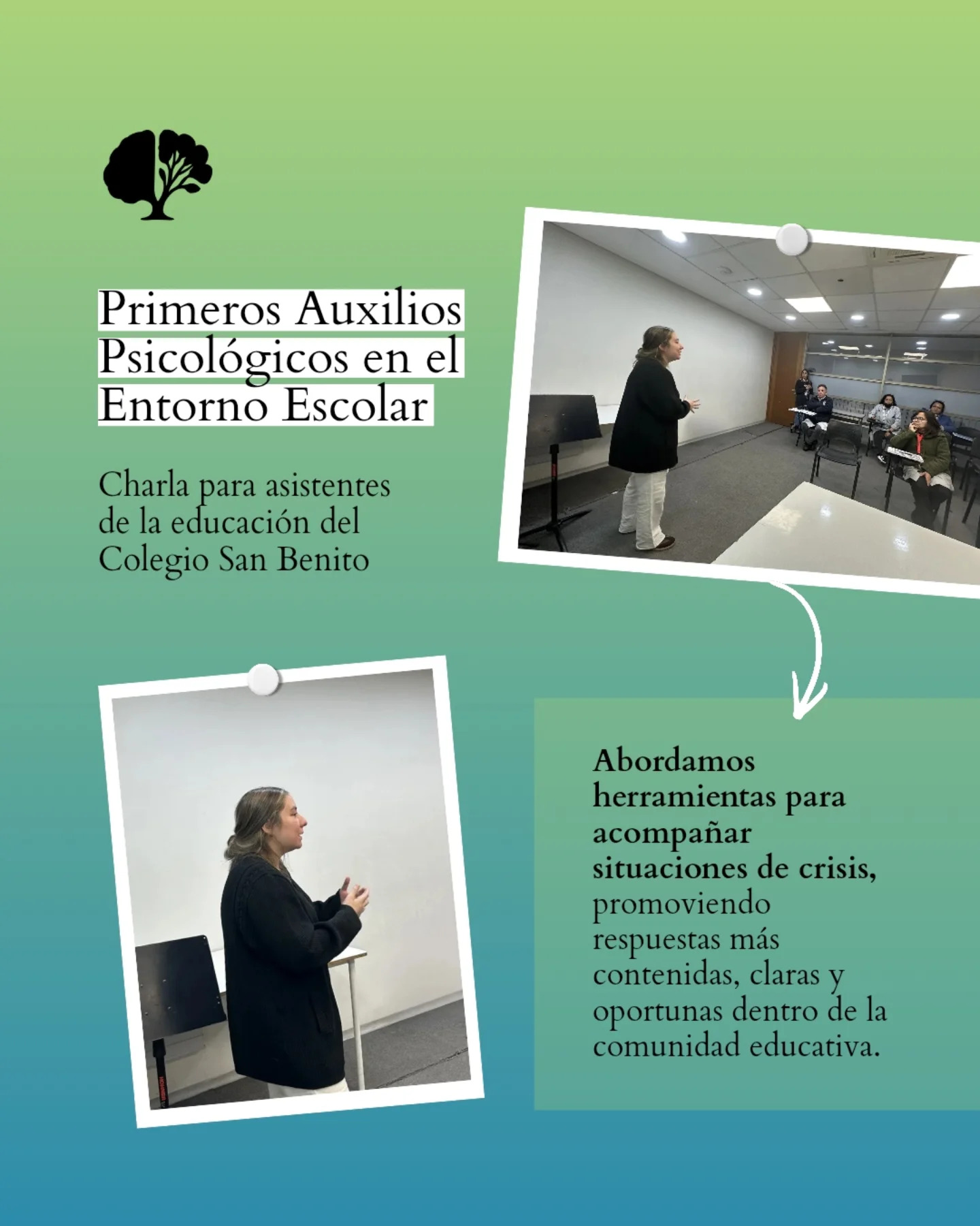 Publicación de Mentis Viva en Instagram sobre primeros auxilios psicológicos e intervención en crisis en el entorno escolar
