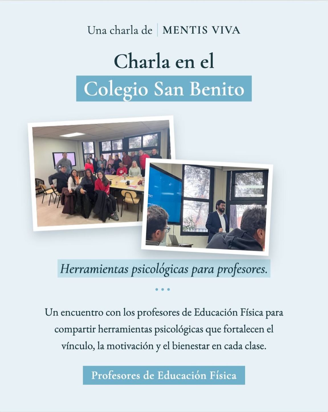 Publicación de Mentis Viva en Instagram sobre bienestar y salud mental de quienes trabajan en la escuela